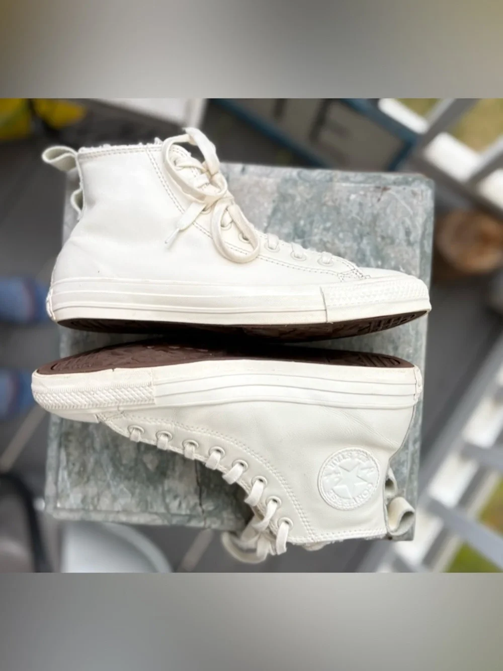 Converse White Leather High Top Sneakers w/ Sherpa Lining Cozy Clean - Picture 3 of 7